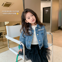 Girls blue sequin denim jacket spring dress 2022 new little girl medium big boy Korean version of the foreign childrens top