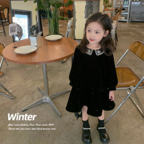 Girls Premium Birthday Dress Dress New French Vintage Long Sleeve Lapel Black Princess Dress for Winter 2022