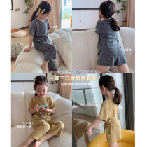 Parent-child pajamas set a family of three spring and summer short-sleeved trousers cotton mother and daughter thin boys and girls home clothes