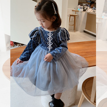 Girls court style Net gauze dress blue velvet princess puffy foreign style Korean baby fashion skirt long sleeve spring and autumn