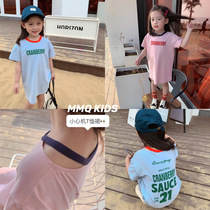 Girls long short sleeve T-shirt 2021 new children cotton summer letter top little girl foreign style summer dress t