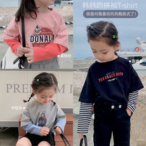 Mai Mai Qiu girls shoulder long sleeve T-shirt childrens clothing 2021 spring new children cartoon t base shirt baby letters