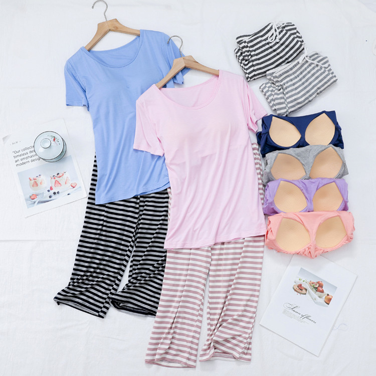 Modale with chest cushion pyjamas female summer short sleeves seven pants two sets large size loose and thin and pure cotton home clothes