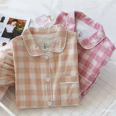 Pure cotton pajamas women's spring and autumn plaid gauze long-sleeved women's home clothes suit casual shirt collar large size living clothes