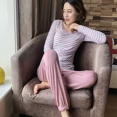 Pajamas women's summer with cups long sleeve trousers two-piece modal loose feet home clothes thin outside wear summer