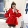 Áo khoác len nữ 2018 thu đông mới phiên bản Hàn Quốc của áo nỉ mỏng có thắt lưng màu đỏ Nizi áo dạ nữ dài