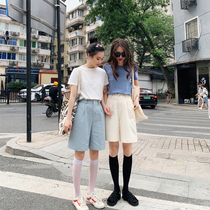 Five A- character denim shorts loose suit wide leg pants women's high waist hanging pants straight casual overalls summer