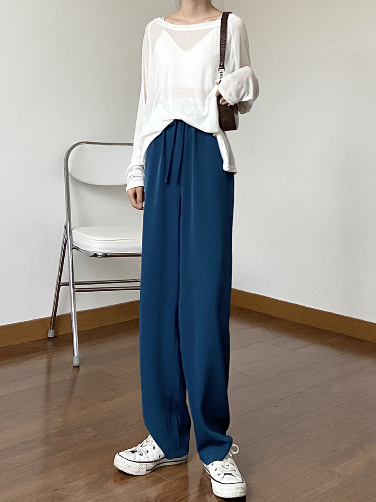 Blue chopstick pants women's high waist hanging ice silk wide leg pants loose drop sense thin casual mopping cool pants summer and autumn
