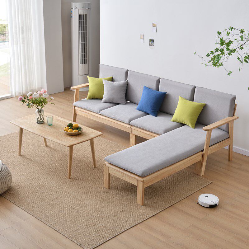 Japanese-style solid wood sofa winter and summer dual-use simple wood plus fabric sofa small apartment Nordic corner chaise longue combination