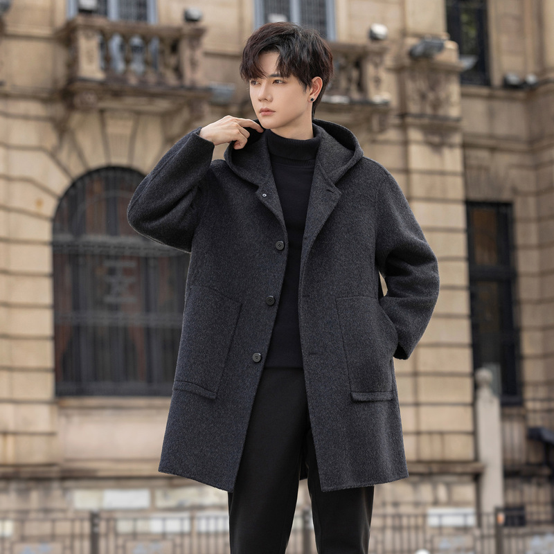 Hooded Woolen Coat for Men 2025 New Autumn and Winter Mid-Length Double-Sided Woolen Coat Thickened Woolen Trench Coat
