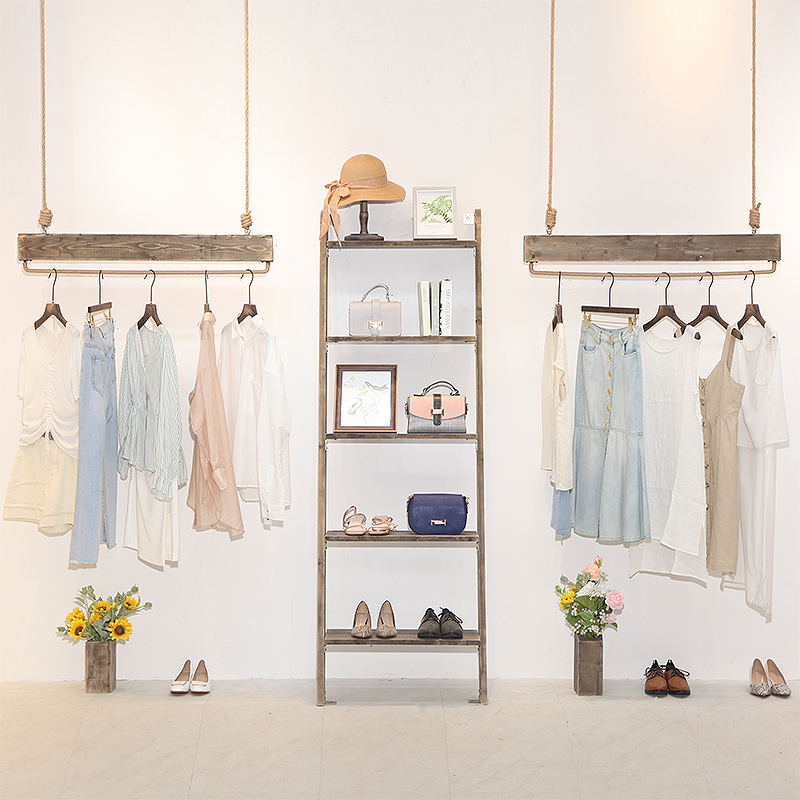 Hemp Rope Display Rack Clothing Store Hanging Clothes Ring Iron Ceiling Hanging Hanger Hanger Wall Hanger Retractable Shelf