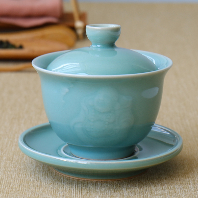 龙泉青瓷三才盖碗茶具套装家用陶瓷天青釉中国风茶器主人杯单个