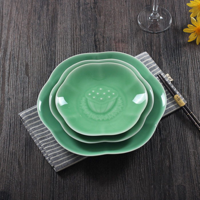 Green Porcelain Cutlery Sets Full Plate Deep Pan Ceramic Home Disc Dinner Plate Creative Lotus Deep Soup Pan Bone Disc