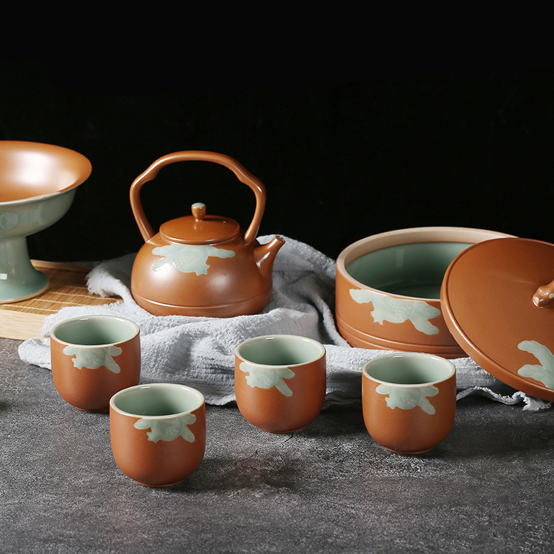 Teapot home Gongfu tea with filter Ti-beam pot tea cup Chinese refined gift whole set of Cong Jiang Qing porcelain dried fruit tray