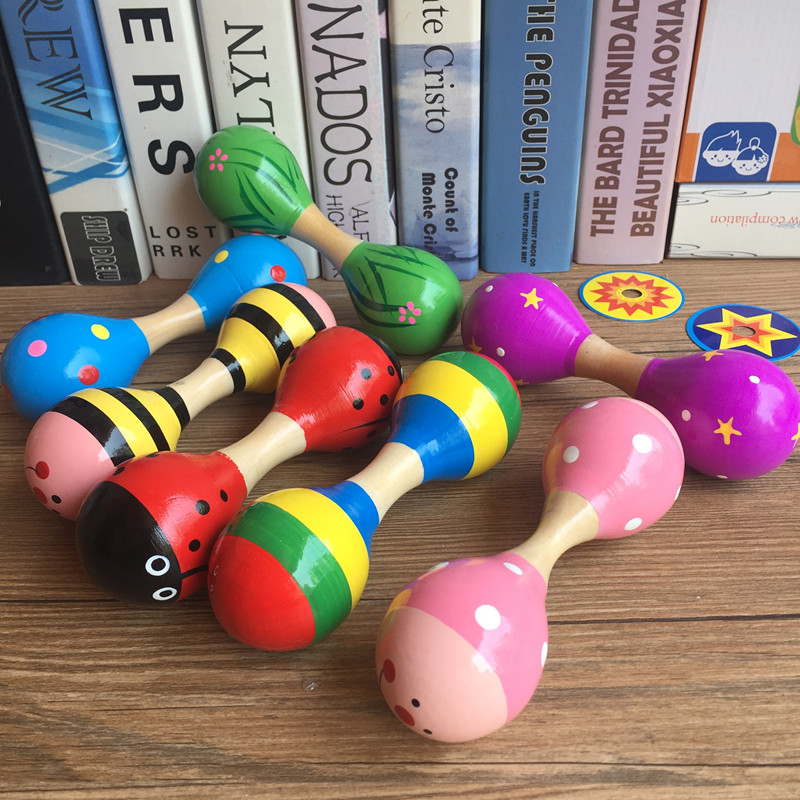 0-1-Sand hammer 3 years old Sand ball wood Baby double-headed rattles Hearing Sensory training Children percussion dumbbells