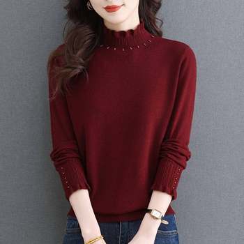 Middle-aged mother spring and autumn fungus collar sweater women's loose large size woolen sweater foreign style top thin knitted bottoming shirt