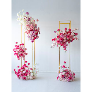 European wedding stage decoration wrought iron frame flower arrangement rose red artificial fake flower dots finished flower arrangement on the floor