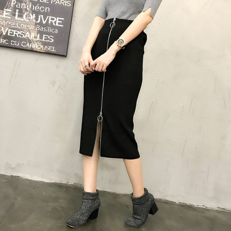 17新款松紧腰前圆环拉链修身针织裙半身裙高腰显瘦包臀裙女一步裙