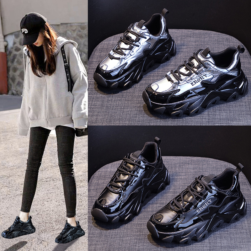 Patent Leather Dad Shoes for Women, Black Trendy ins Internet Celebrity Autumn/Winter 2020 New Versatile Super Popular Fleece-Lined Casual Sneakers