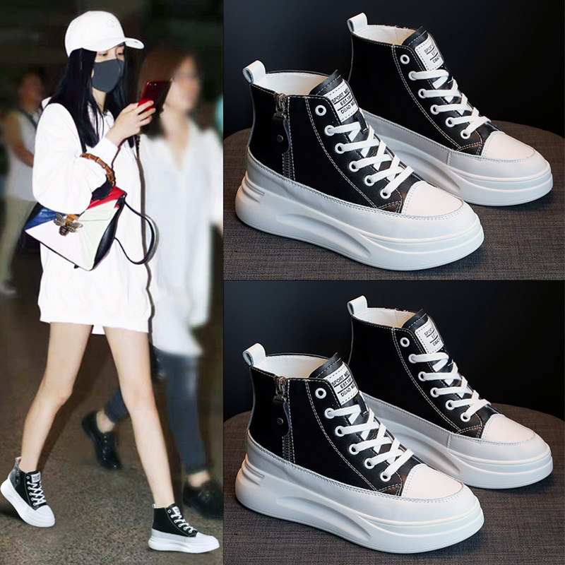 Celebrity-Style High-Top White Sneakers for Women, 2026 Autumn and Winter Genuine Leather Casual Thick-Soled Sneakers with Fleece Lining and Hidden Height Increase