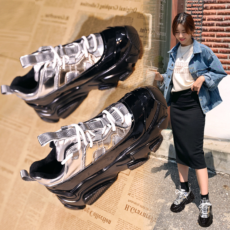 Black Patent Leather Dad Sneakers for Women, Trendy on Instagram, 2020 Autumn New Laser Casual Thick-Soled Internet Celebrity Platform Sneakers