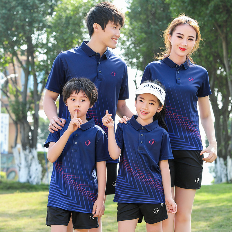 Badminton suit suit Men's and women's quick-drying summer short-sleeved lapel table tennis suit Sportswear parent-child clothing top printing