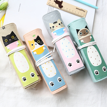 Simple cat fashion canvas student pencil stationery cloth fresh boys and girls pen curtain roll pen bag detachable