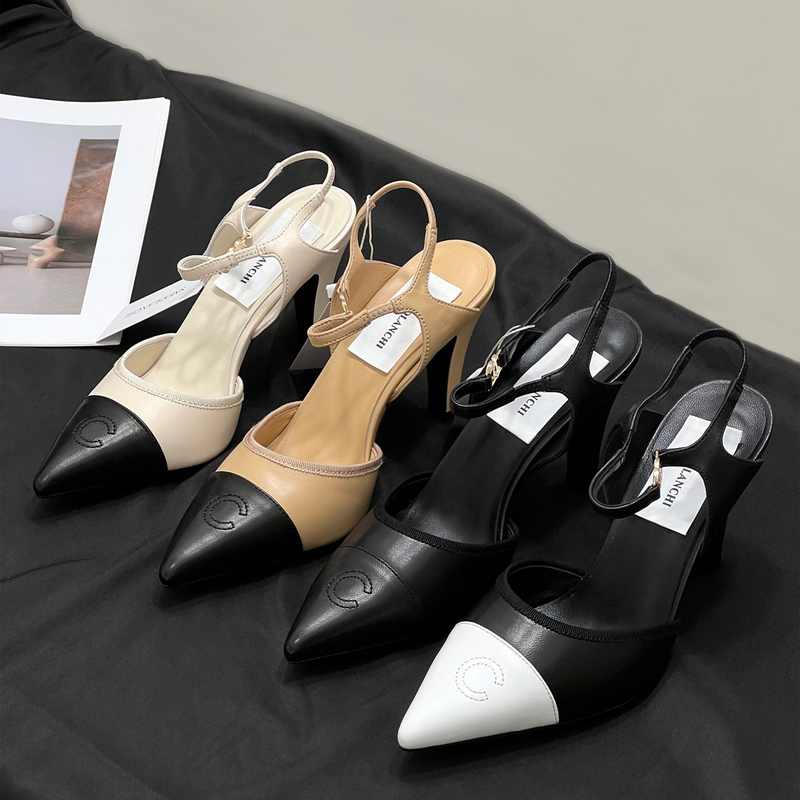 Oops, the Black and White Color-Blocked Pointed-Toe Sheepskin Sandals with High Heels for Women, Open-Back Sandals, New Model 26 Oops, the Black and White Color-Blocked Pointed-Toe Sheepskin Sandals with High Heels for Women, Open-Back Sandals, New Model 26