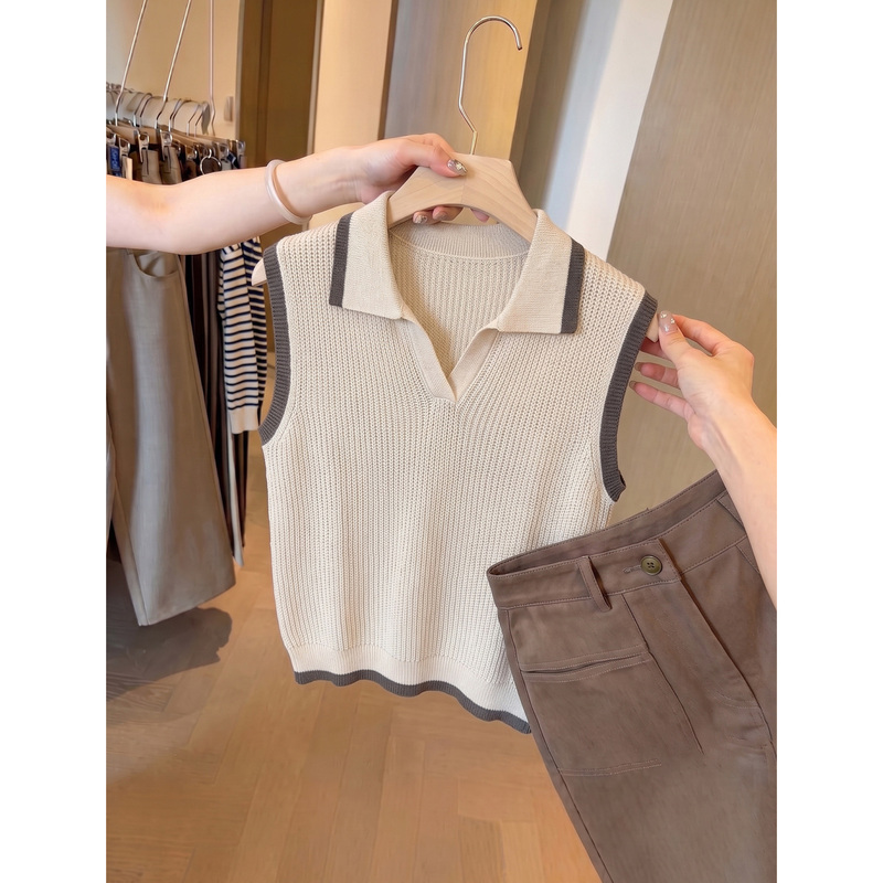 Old Money Style Apricot Polo Collar Hollow Knit Vest for Women, Summer Lazy Style Casual Versatile Sleeveless Top