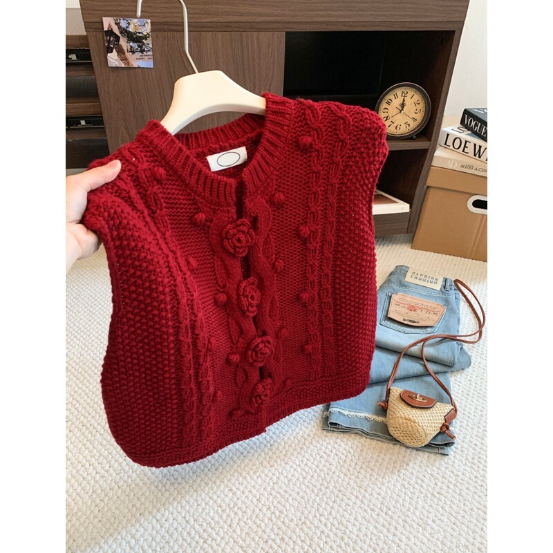 Red Three-Dimensional Floral Sleeveless Knitted Cardigan for Women, Early Autumn, Christmas and New Year Atmosphere, Lazy Layered Vest