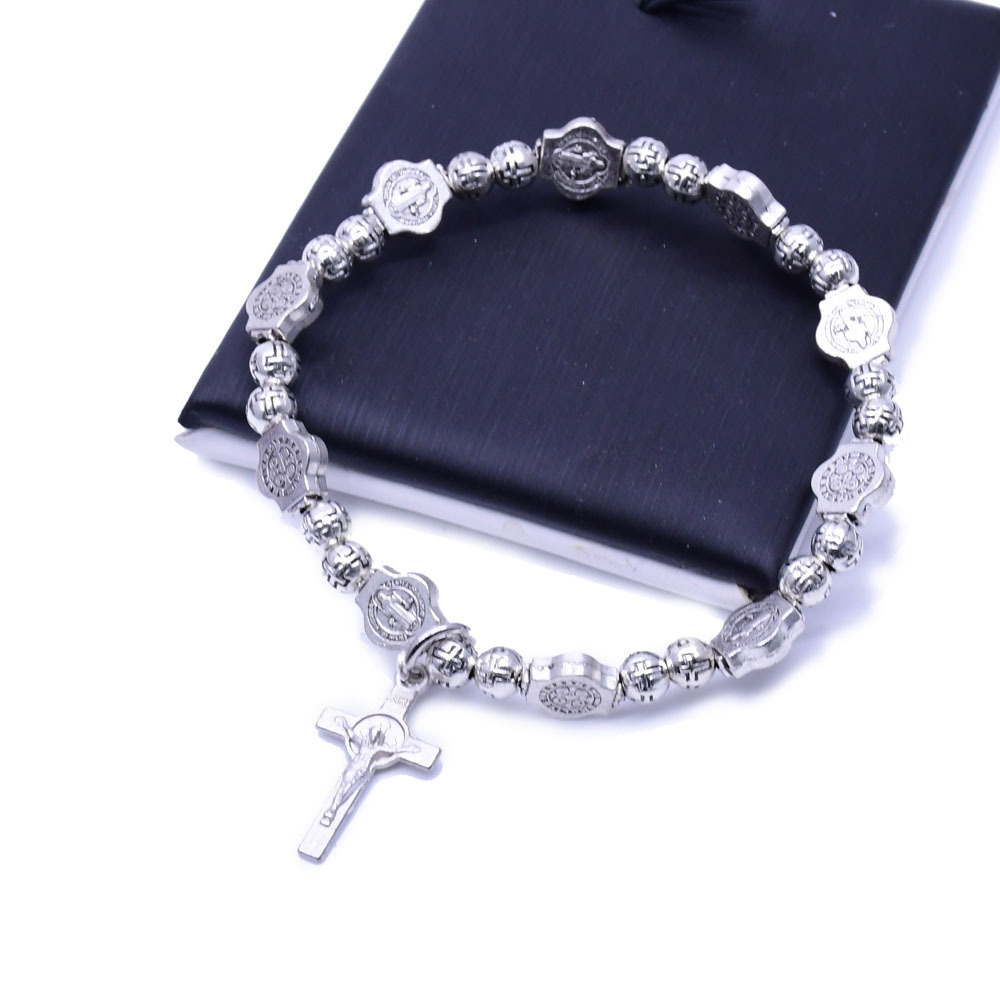 St. Benedict antique silver cross bead bracelet Rosary bracelet