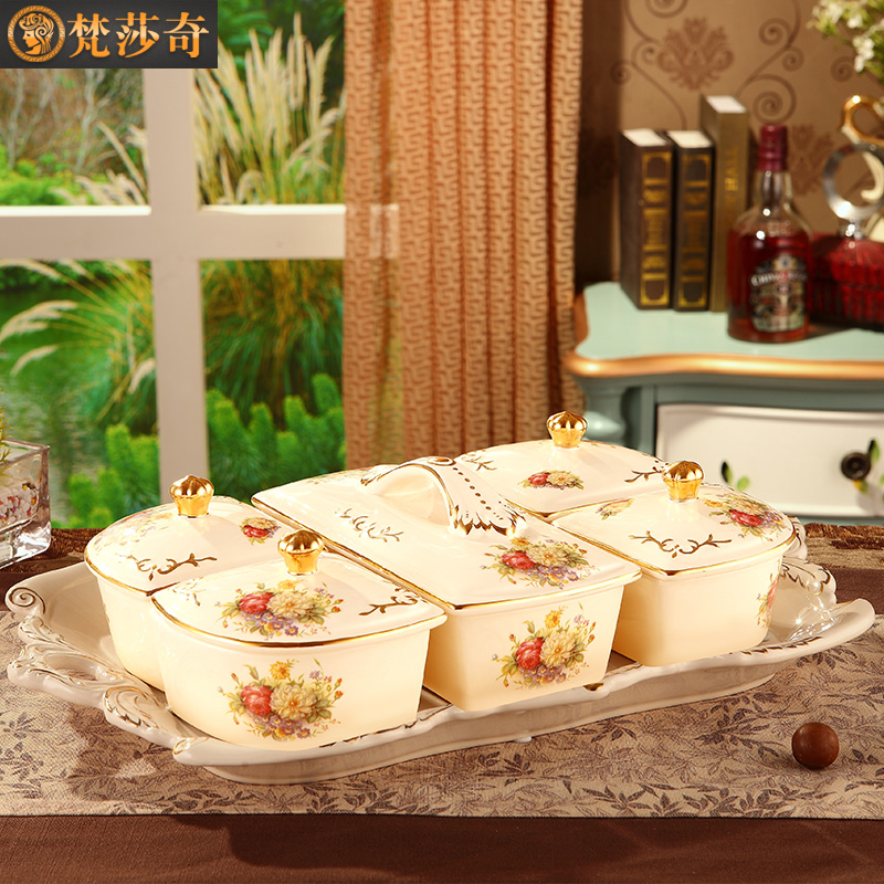 Europe type dry fruit tray dried fruit box frame with cover creative ceramic bowl sitting room candy box of candy plate of Chinese New Year the Spring Festival