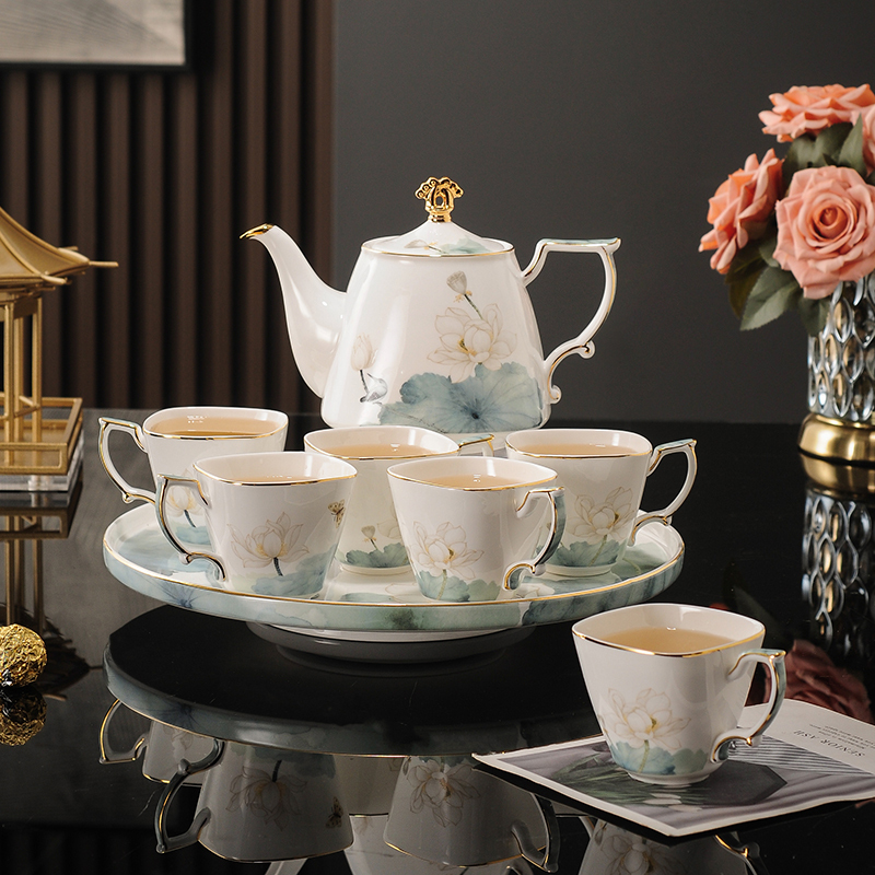 High-End Ceramic Tea Set for Home Use, Including Water Cups, Teacups, Teapot, Chinese Style Ink Painting Bone China Eight-Piece Set, Light Luxury Luxury Box Set