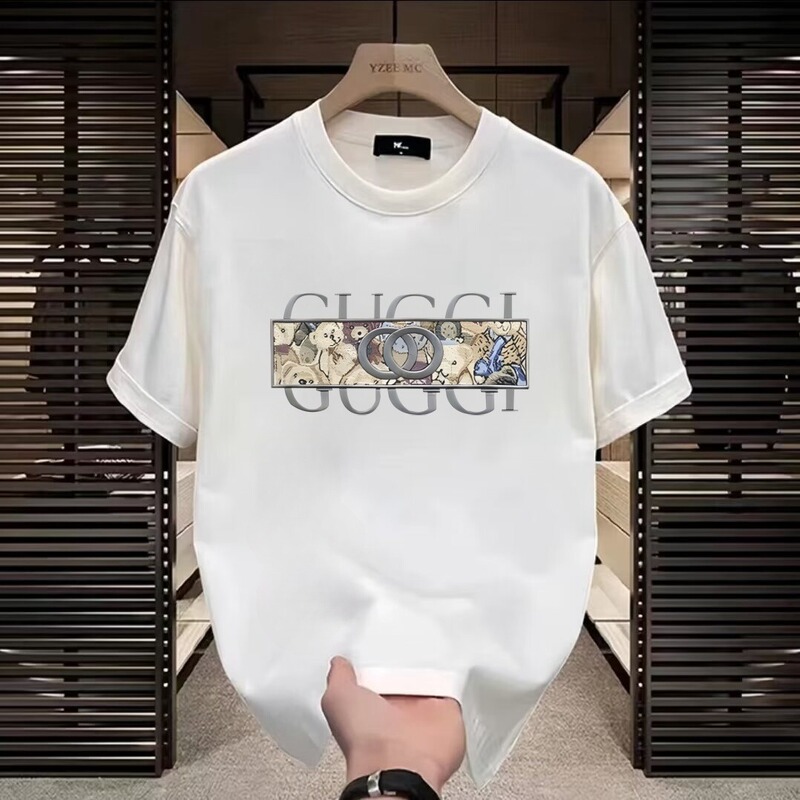 European Style Cool Heavy Cotton Round Neck Printed Short-Sleeve T-Shirt for Men and Women, White Trendy Brand Loose Versatile Top