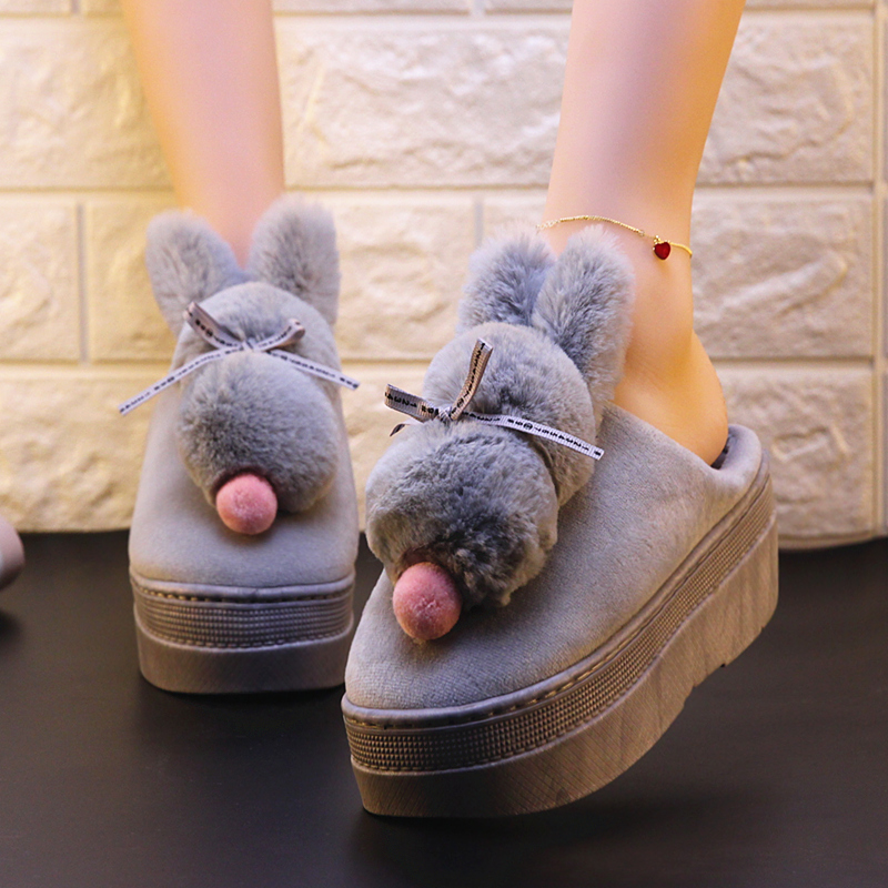 Giày cotton mùa đông trong nhà cao gót Hàn Quốc len lông nữ kéo dày đáy dễ thương dép fila