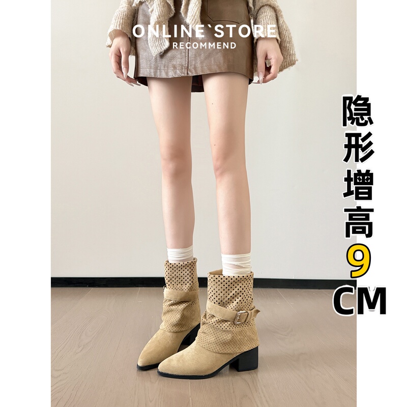 Genuine Leather~ Internal Height-Increasing Pointed Toe Booties 2026 New Style Chunky Heel High Heel Ruched Short Boots Western Riding Boots Genuine Leather~ Internal Height-Increasing Pointed Toe Booties 2026 New Style Chunky Heel High Heel Ruched Short Boots Western Riding Boots