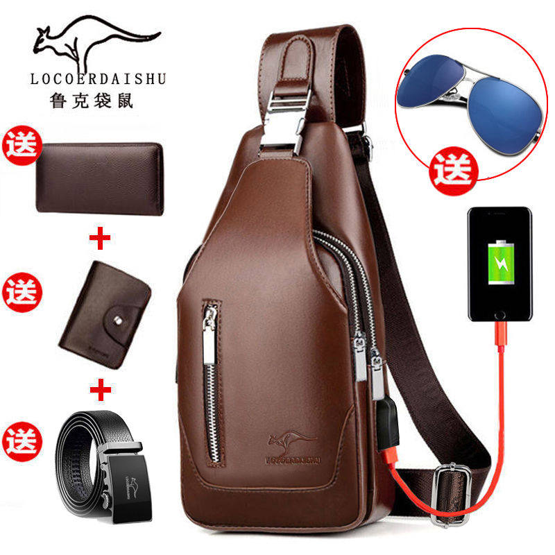 2022 new trendy brand charging men's bag kangaroo chest bag outdoor sports single shoulder leather bag messenger bag waterproof waist bag