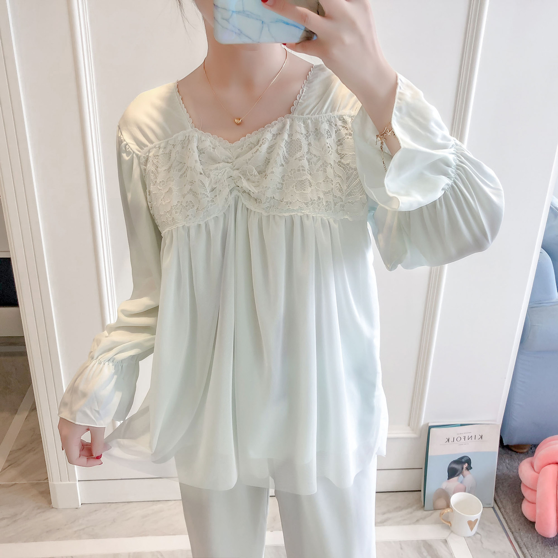 Phiên bản Hàn Quốc của mùa xuân và mùa thu mới tinh khiết bông băng gạc dài tay đồ ngủ nữ bộ đồ lửng quần áo nam