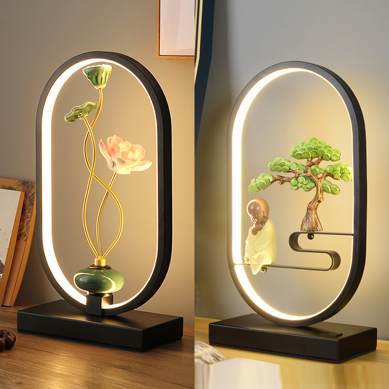 Creative personality Art swing piece New Chinese table lamp Bedroom bedside remote usb touch lotus Zen Serie tea table lamp-Taobao