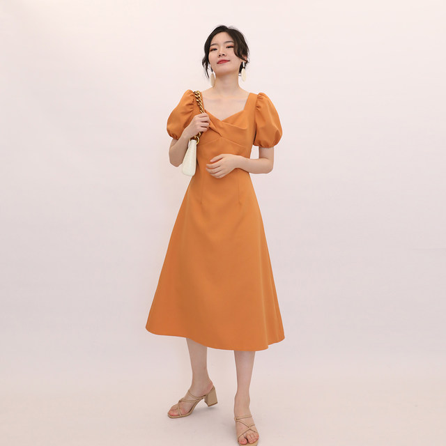 TANSSHOP2020 new product dress female button square neck puff sleeve mid-length skirt light dress skirt D744