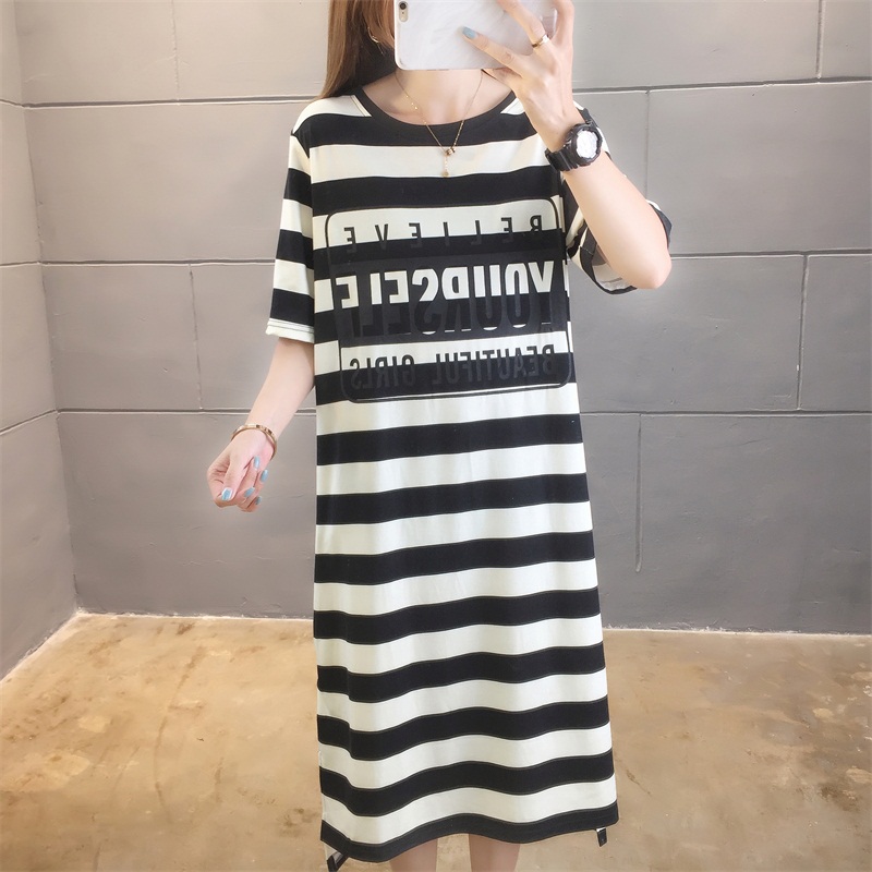 Loose and thin striped printed T-shirt dress women's student's mid long fairy skirt fashion