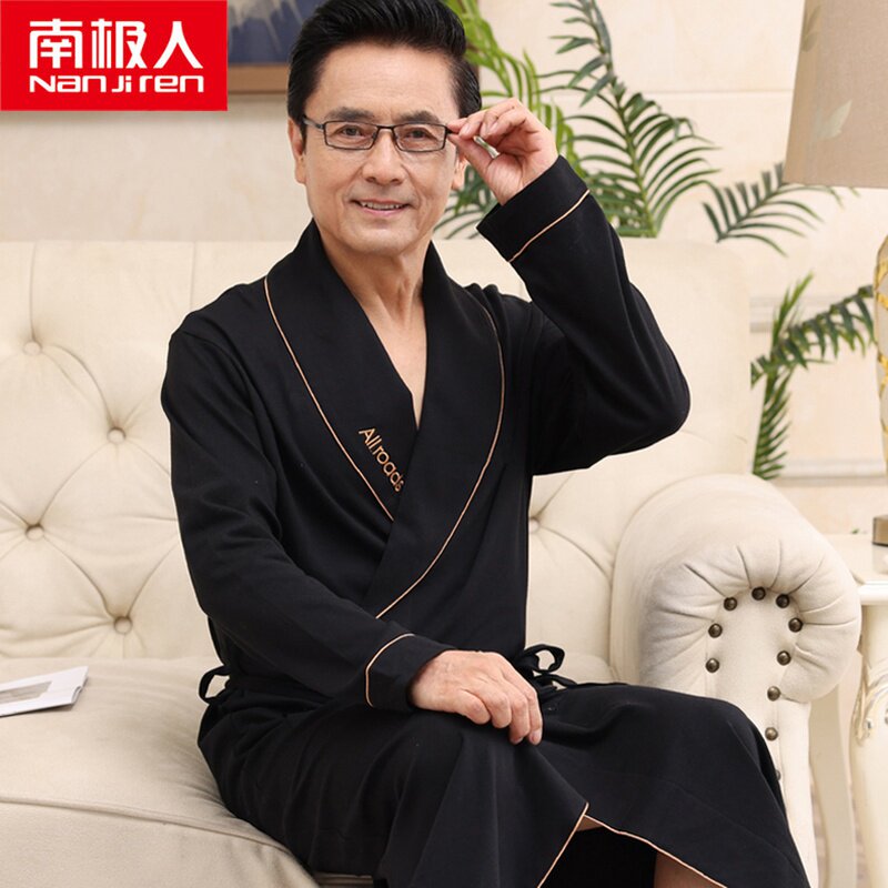 Men's Sleeping Robes Men's Pure Cotton Long Sleeve Spring Fall Father Dad's Thin plaid with long version of bathrobe bathrobe home clothes