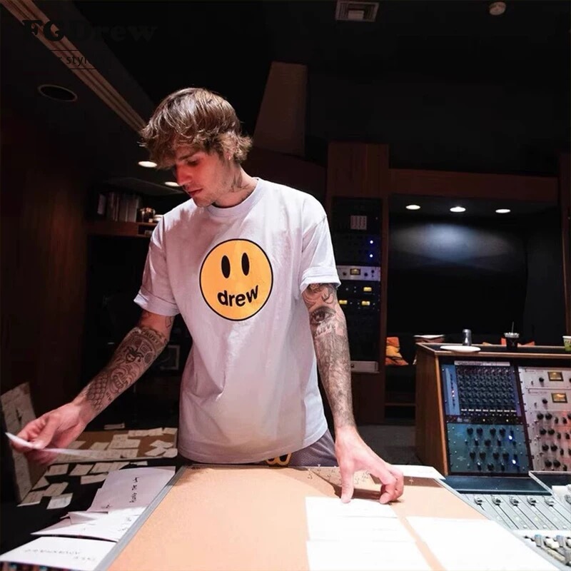 Drew Smiley Face Pure Cotton Short-Sleeved T-Shirt for Men and Women, Couple Lettering, European and American Style Ins Trendy Brand, Loose Fit, Round Neck, Half-Sleeve
