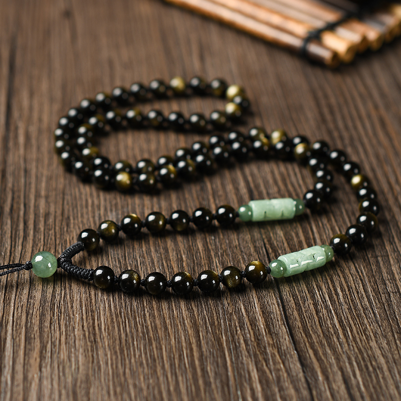 Obsidian Bead Chain, Zodiac Guardian Deity Pendant, Obsidian Necklace, Jade Pendant, Jadeite Pendant Rope for Men and Women