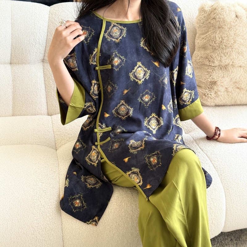 Cotton Silk Pajamas for Women 2026 New Summer Style New Chinese Style Mid-Sleeve Wide-Leg Pants Can Be Worn Outside Home Clothes Set