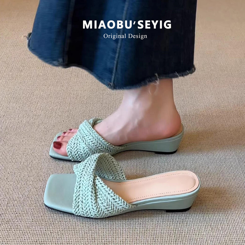 Genuine Leather~Green Woven Low Wedge Slip-On Sandals for Women, Summer 2026 New Versatile Square-Toe Open-Toe Sandals