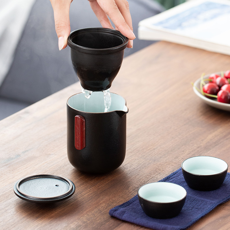 Lines of plain black pottery to crack a pot of trill travel tea set fourth suit portable bag take the teapot tea cup