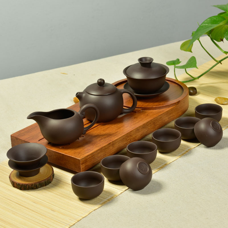 Yixing purple sand tea set undressed ore purple mud kung fu tea set a complete set of xi shi teapot teacup tureen black tea gifts