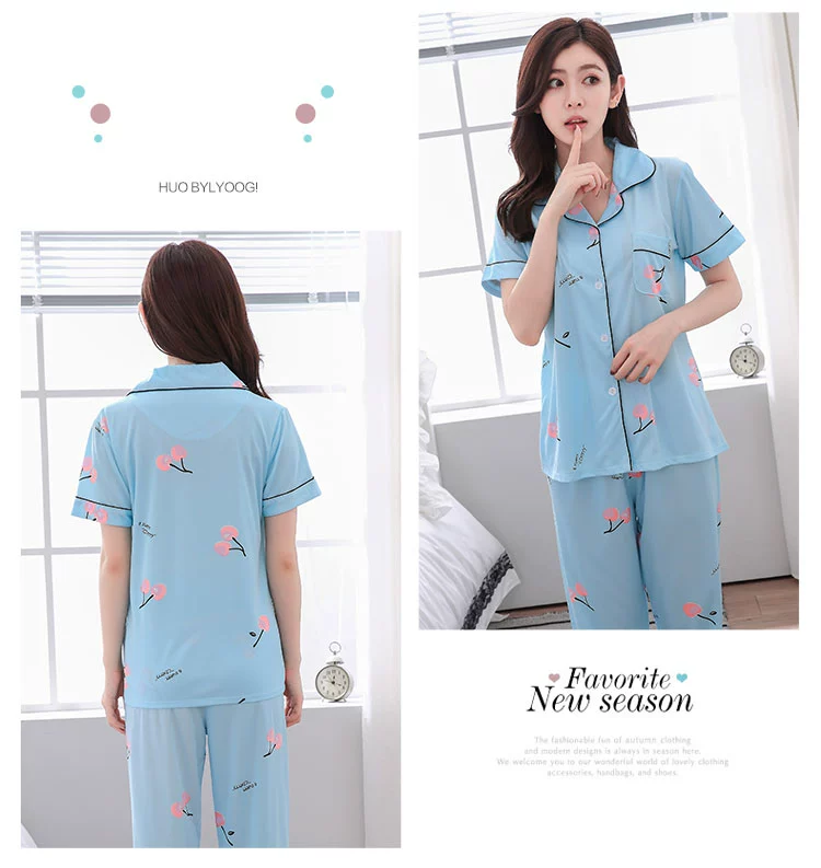 Mùa hè ngắn tay Hàn Quốc cotton đồ ngủ của phụ nữ quần cotton phần mỏng tháng quần áo trung niên ladies home dịch vụ phù hợp với do bo nu dep