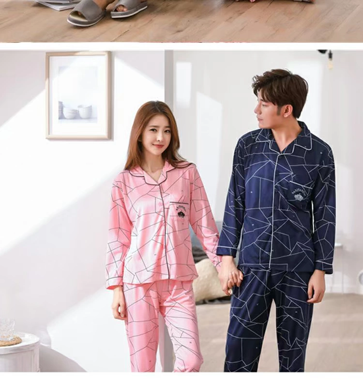 Cặp đôi đồ ngủ dài tay áo len nam đồ ngủ cotton mùa xuân và mùa thu đồ ngủ kích thước lớn